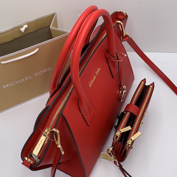 Michael Kors Large Top Zip Satchel Leather & Double Zip Wristlet Leather Flame - Picture 5 of 16